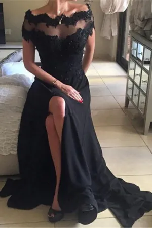 High Quality Off the Shoulder Short Sleeves Split Long Black Prom Dress with Lace Beading LPD047