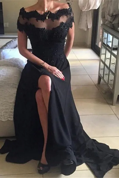 High Quality Off the Shoulder Short Sleeves Split Long Black Prom Dress with Lace Beading LPD047