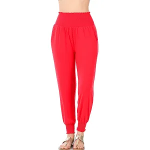 High-Waisted Smocked Joggers with Pockets in Red