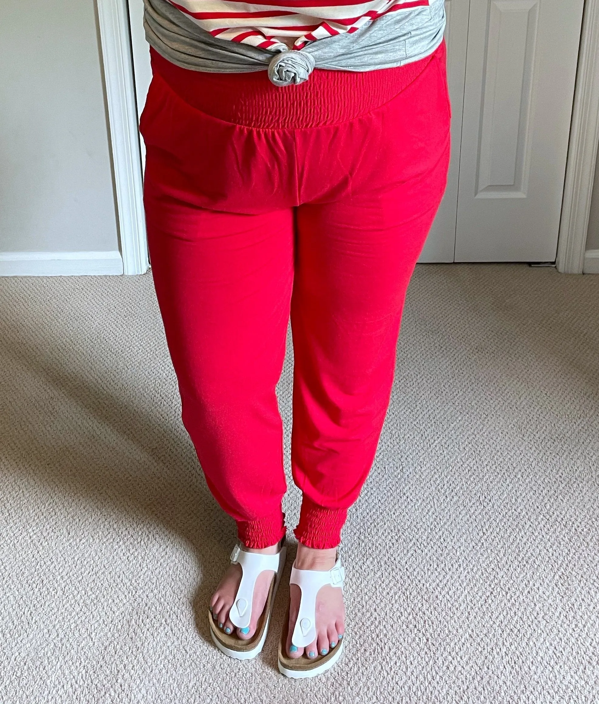 High-Waisted Smocked Joggers with Pockets in Red