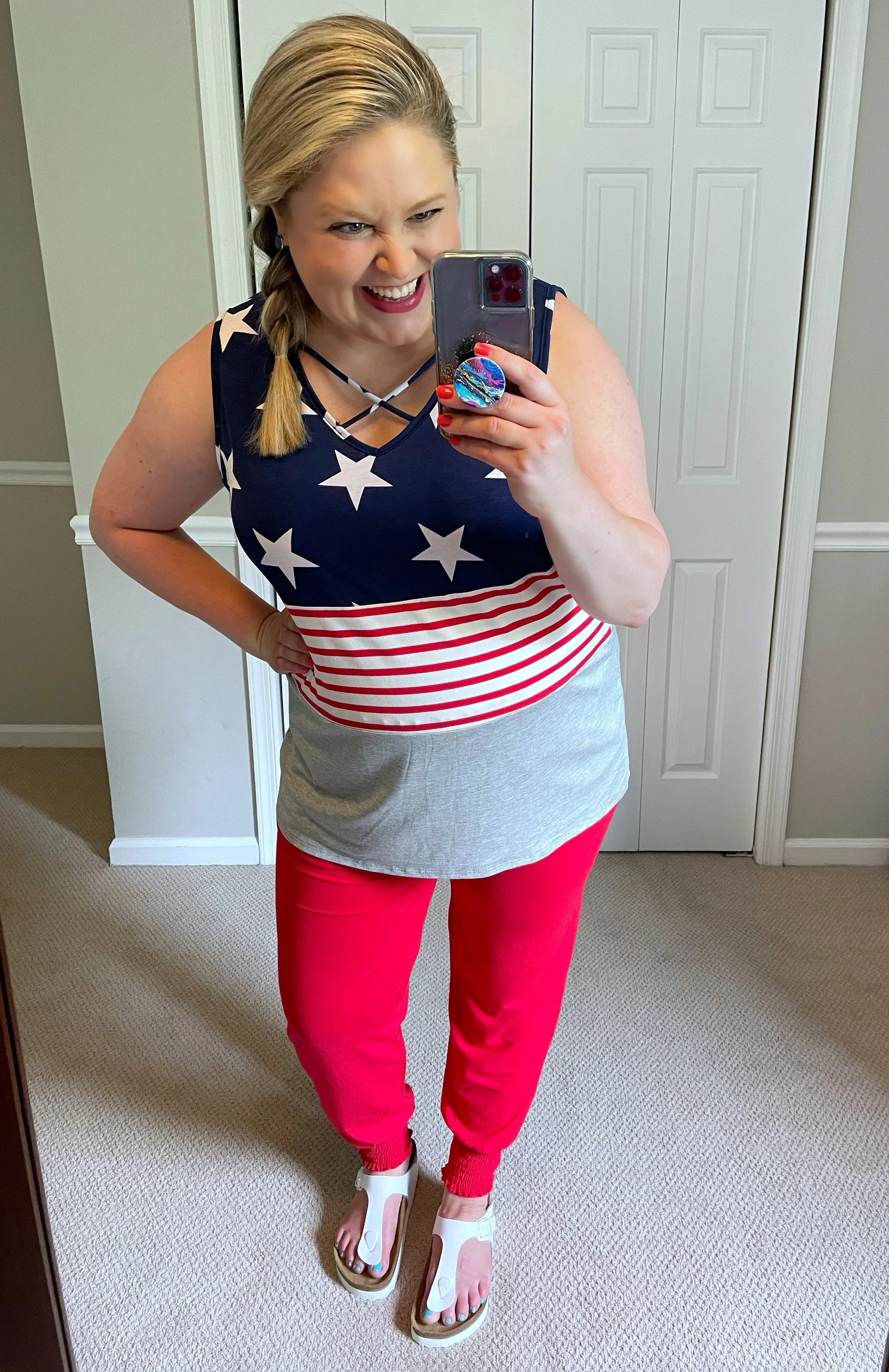 High-Waisted Smocked Joggers with Pockets in Red