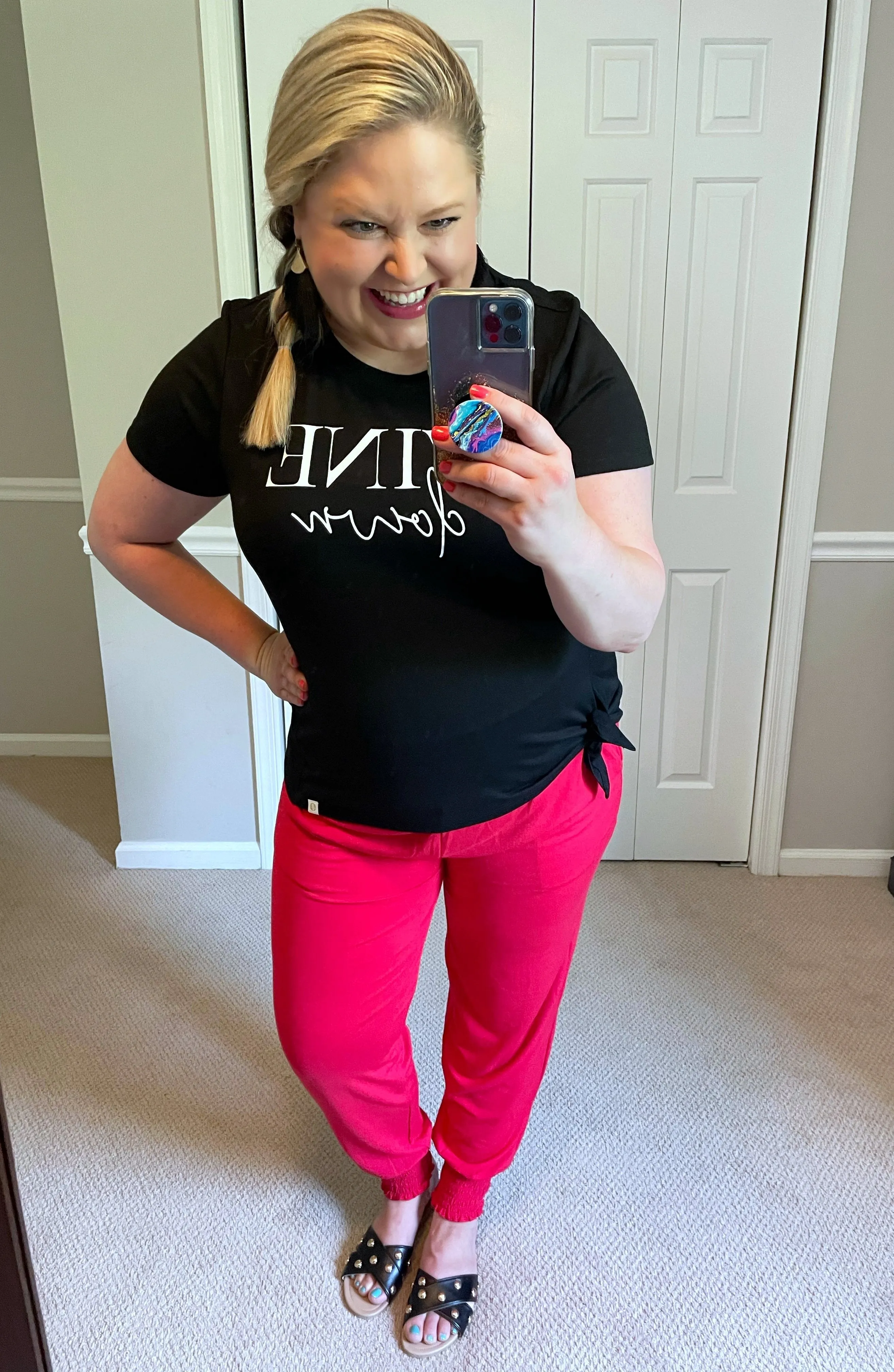 High-Waisted Smocked Joggers with Pockets in Red
