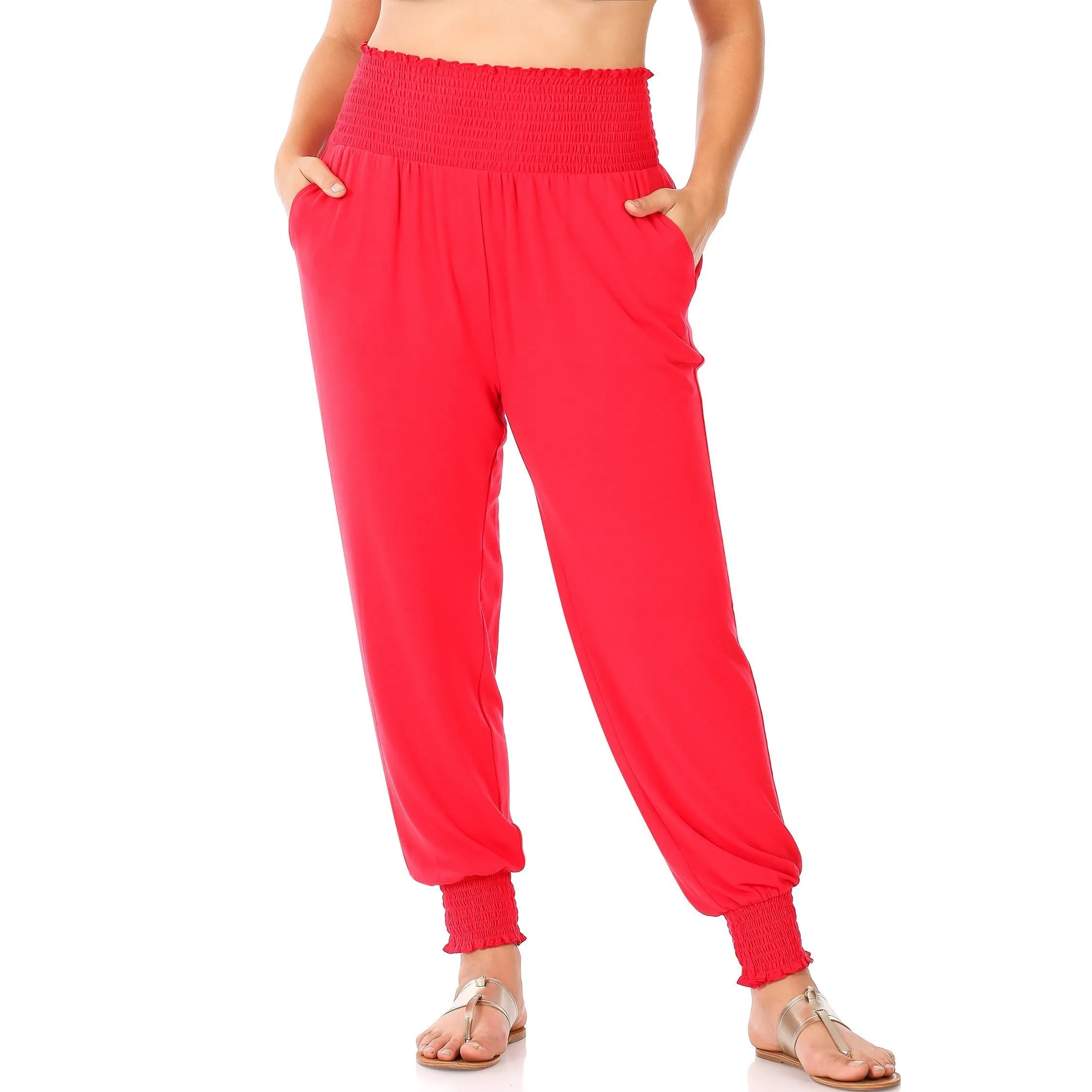 High-Waisted Smocked Joggers with Pockets in Red