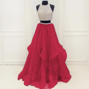 Hot Red Stunning Sequins And Beaded Top Organza Ruffles Two Piece Prom Dress
