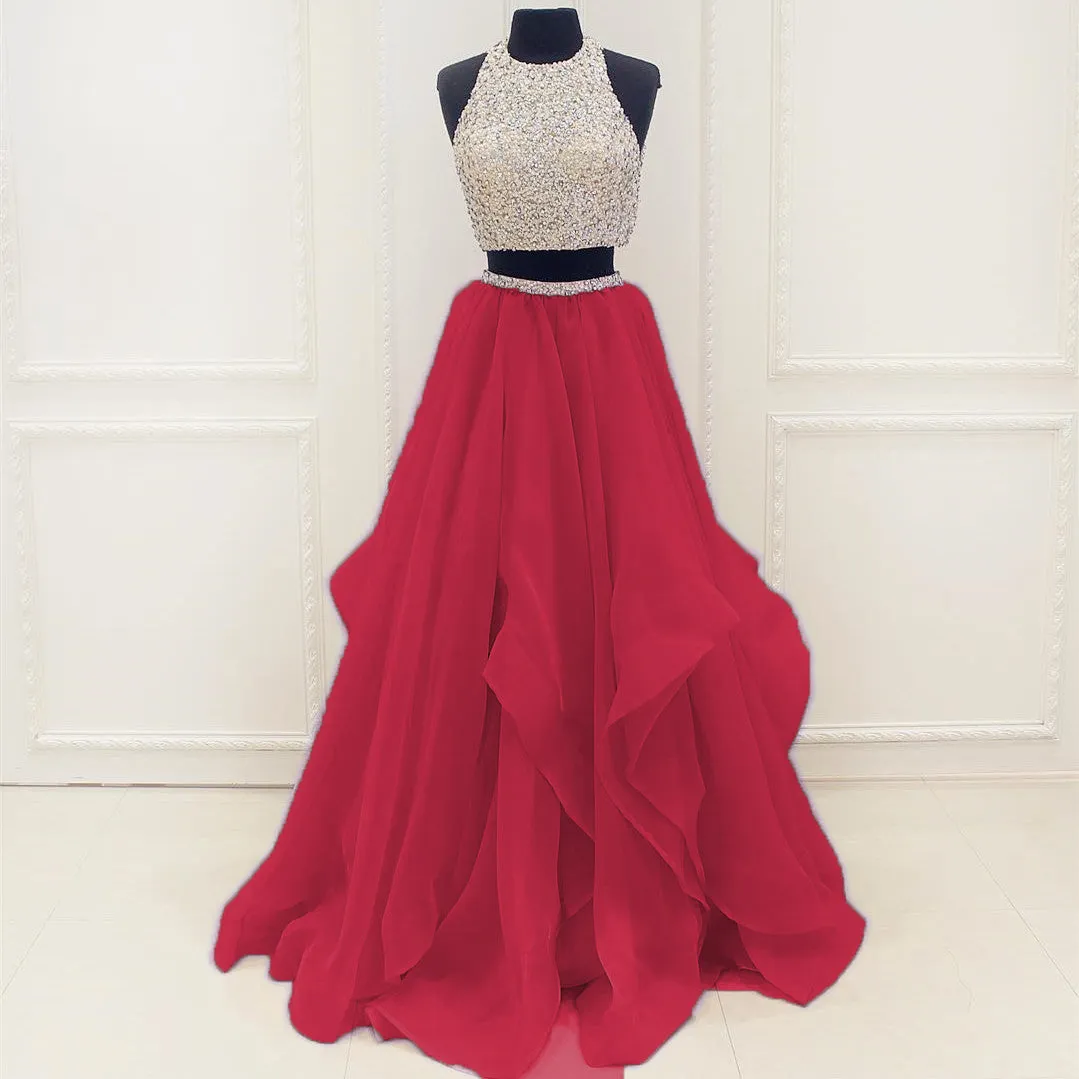 Hot Red Stunning Sequins And Beaded Top Organza Ruffles Two Piece Prom Dress