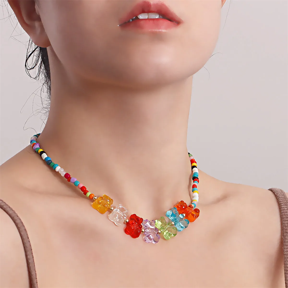 Howlite & Multicolor Resin Bears Necklace