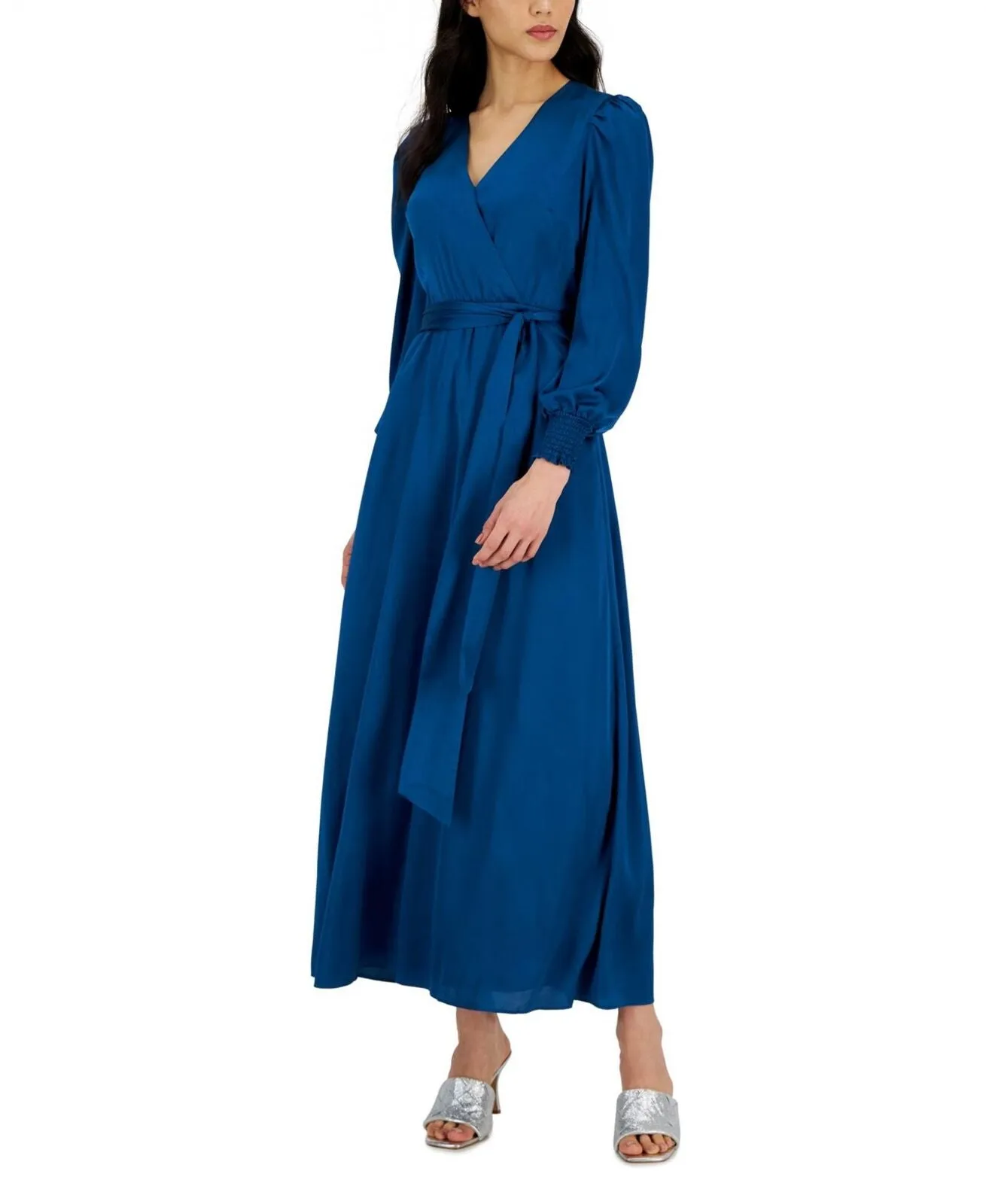 Inc International Concepts Surplice-Neck Smocked-Cuff Maxi Dress Blue 8