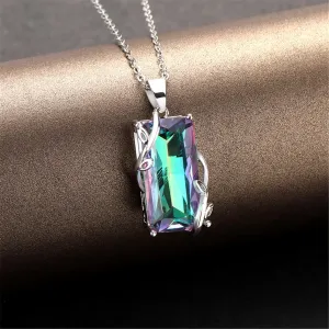 Iridescent Green Crystal & Silver-Plated Rectangle Pendant Necklace