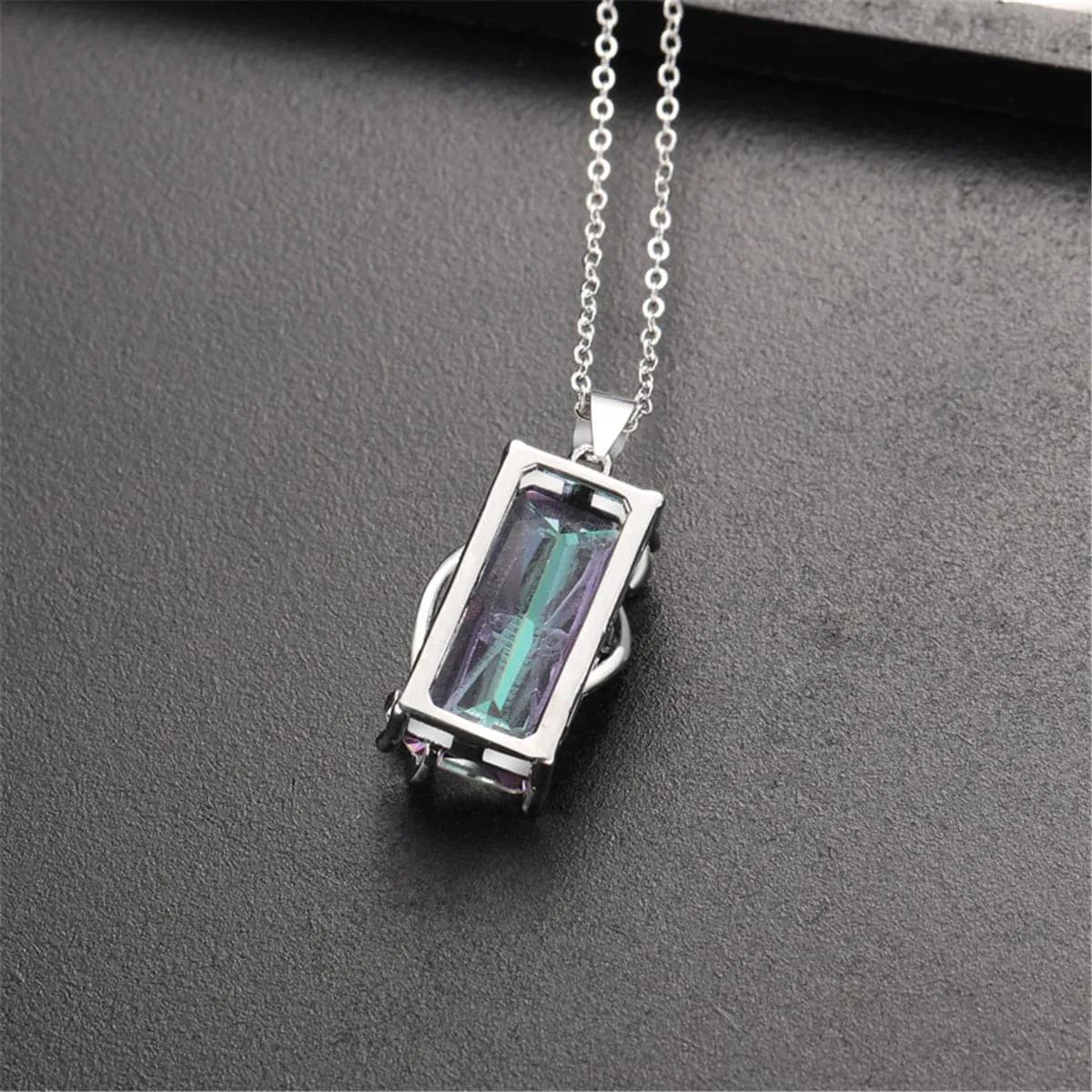 Iridescent Green Crystal & Silver-Plated Rectangle Pendant Necklace