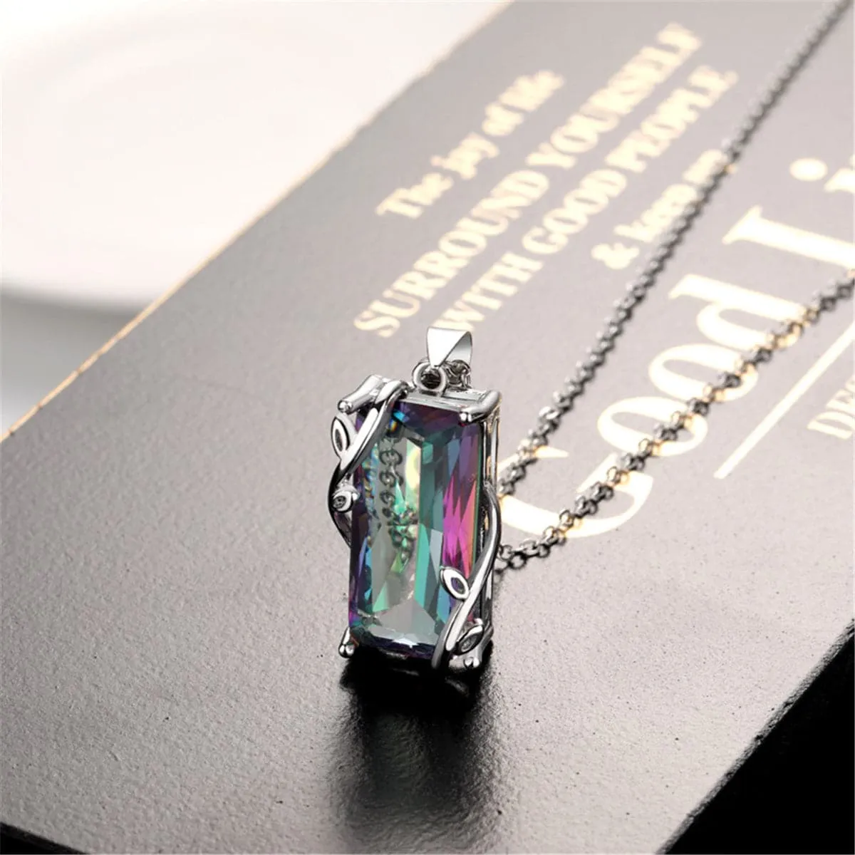 Iridescent Green Crystal & Silver-Plated Rectangle Pendant Necklace
