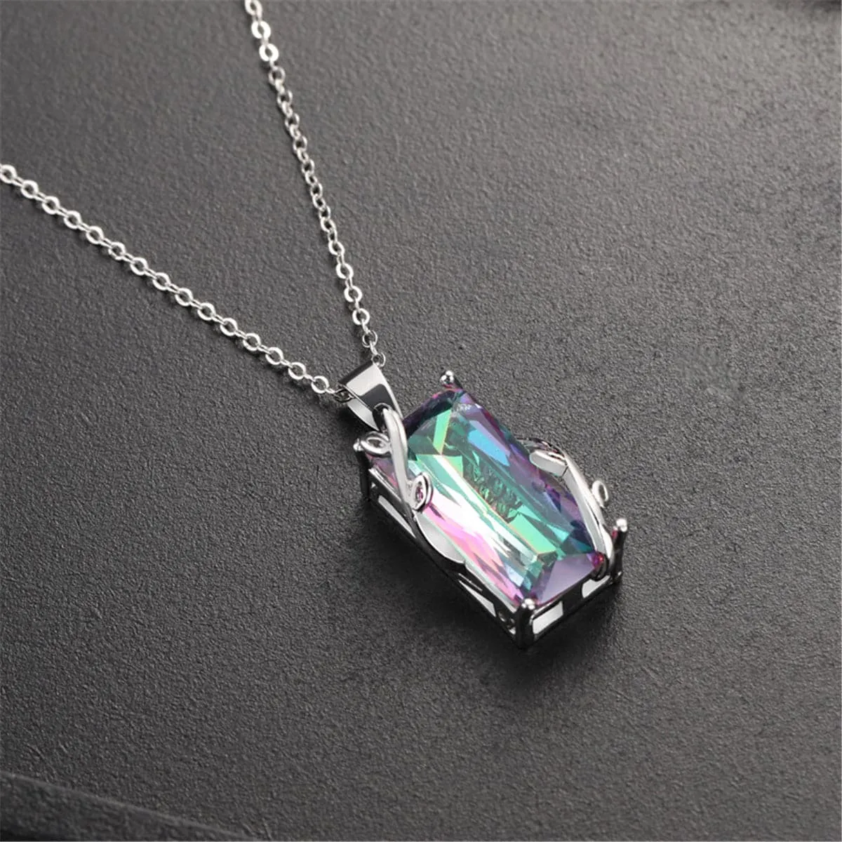 Iridescent Green Crystal & Silver-Plated Rectangle Pendant Necklace