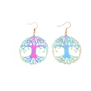 Iridescent Pink & Blue Tree Of Life Drop Earrings