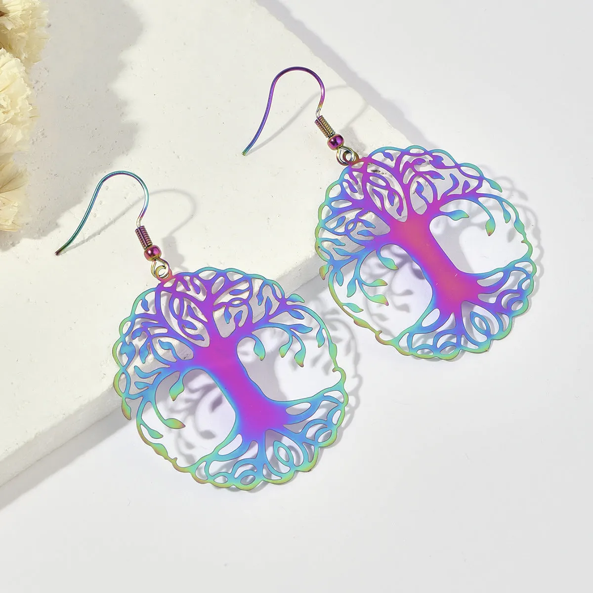 Iridescent Pink & Blue Tree Of Life Drop Earrings