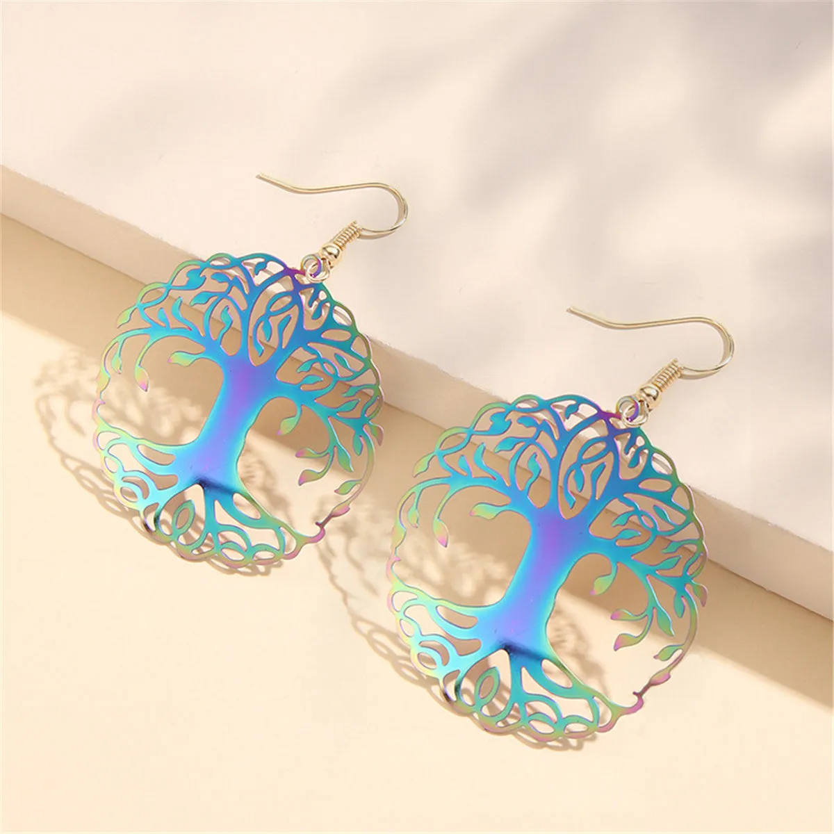 Iridescent Pink & Blue Tree Of Life Drop Earrings
