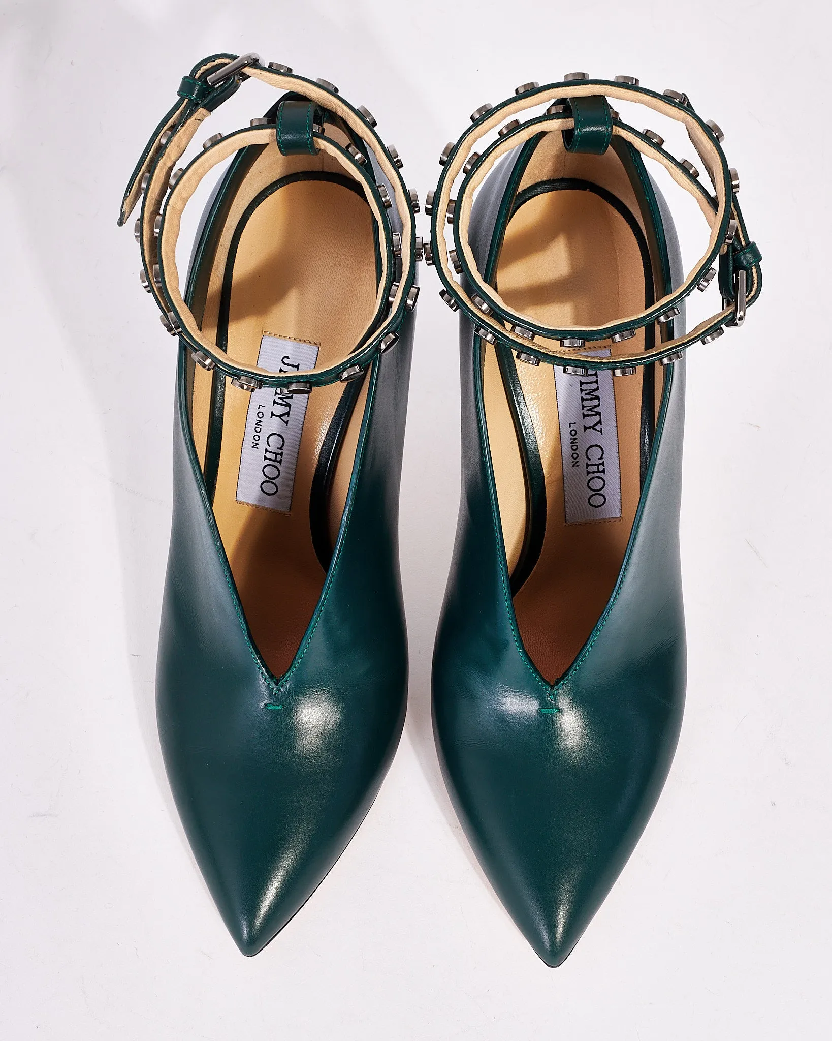 Jimmy Choo Bottle Green Leather Lark Ankle Wrap Pointed Toe Heels - 36.5