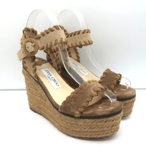 Jimmy Choo Platform Espadrille Wedges Abigail Brown Whipstitched Suede Size 36.5