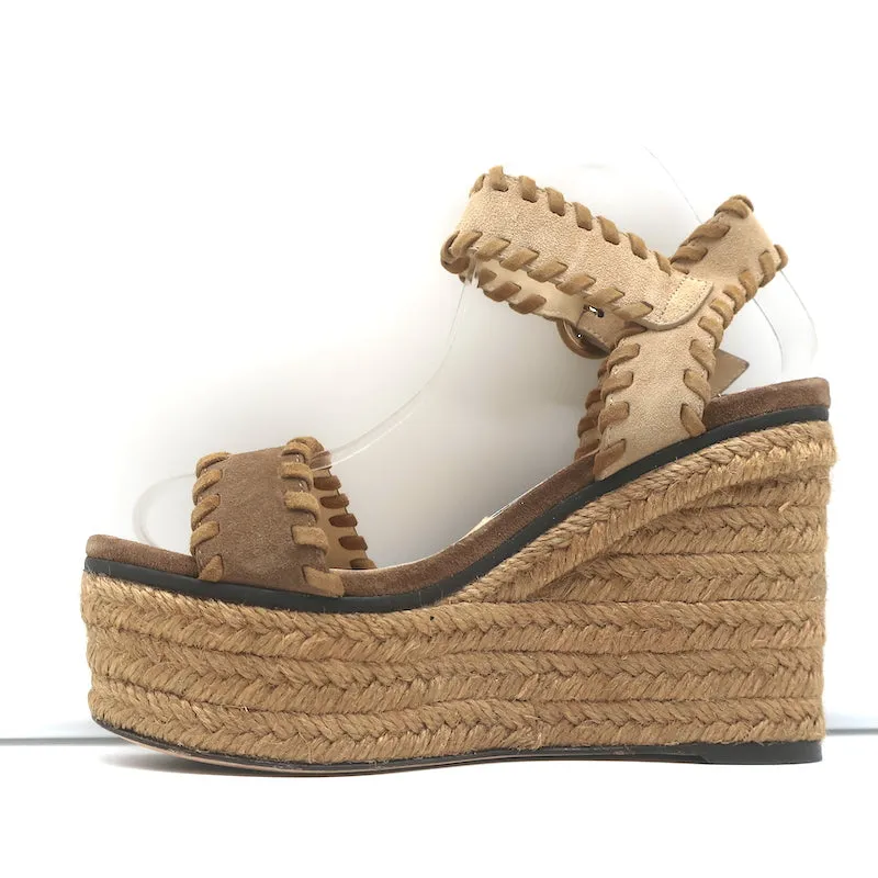 Jimmy Choo Platform Espadrille Wedges Abigail Brown Whipstitched Suede Size 36.5