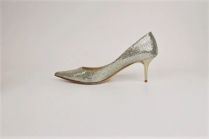 Jimmy Choo Pumps Aza Champagne Lame Glitter Size 30 Pointed Toe Mid-Heel