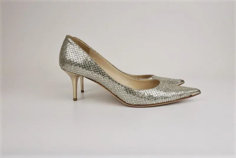 Jimmy Choo Pumps Aza Champagne Lame Glitter Size 30 Pointed Toe Mid-Heel
