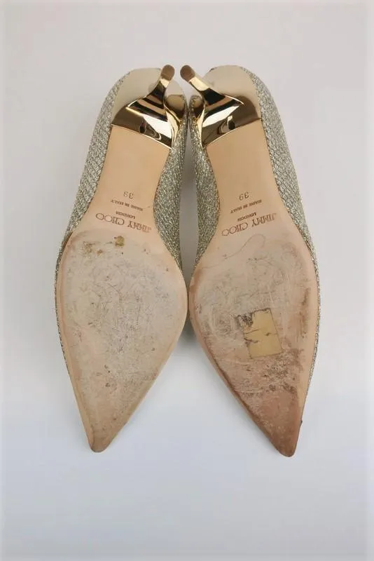 Jimmy Choo Pumps Aza Champagne Lame Glitter Size 30 Pointed Toe Mid-Heel