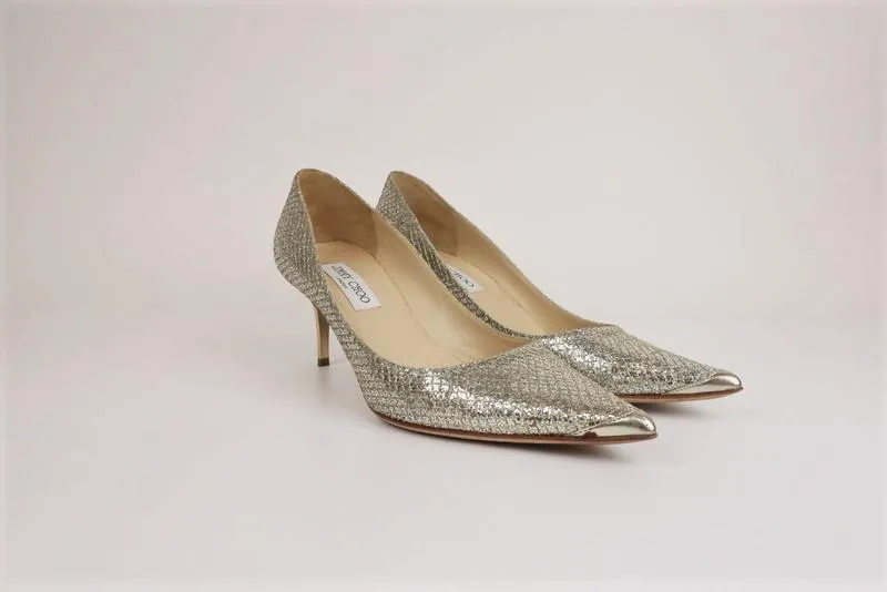 Jimmy Choo Pumps Aza Champagne Lame Glitter Size 30 Pointed Toe Mid-Heel
