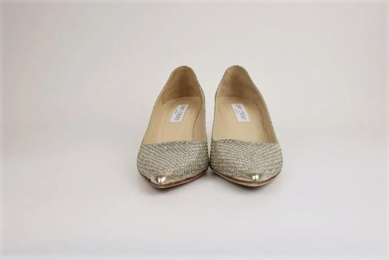 Jimmy Choo Pumps Aza Champagne Lame Glitter Size 30 Pointed Toe Mid-Heel