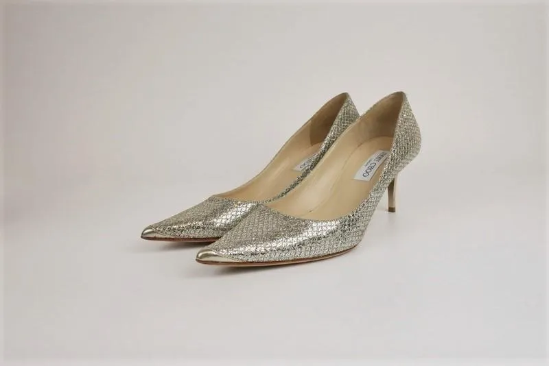Jimmy Choo Pumps Aza Champagne Lame Glitter Size 30 Pointed Toe Mid-Heel