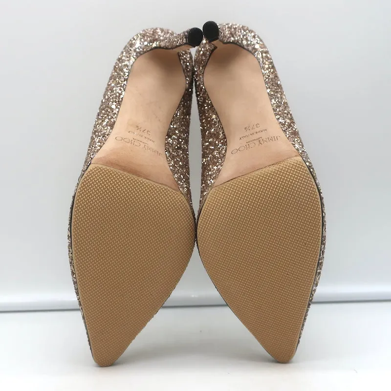 Jimmy Choo Romy 100 Glitter Pumps Gold Size 37.5 Pointed Toe Heels