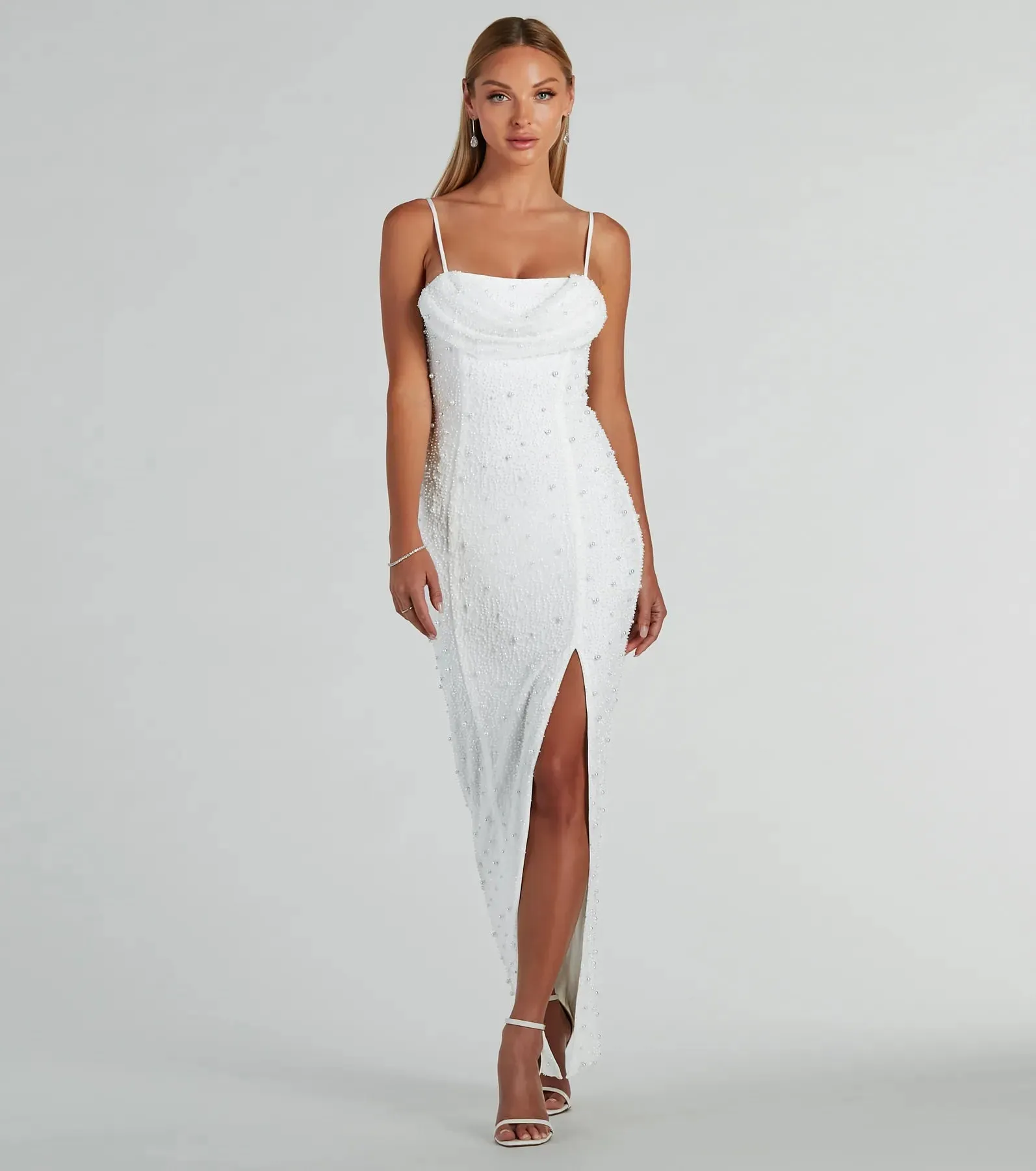 Klara Cowl Neck Faux Pearl Bead Slim Formal Dress