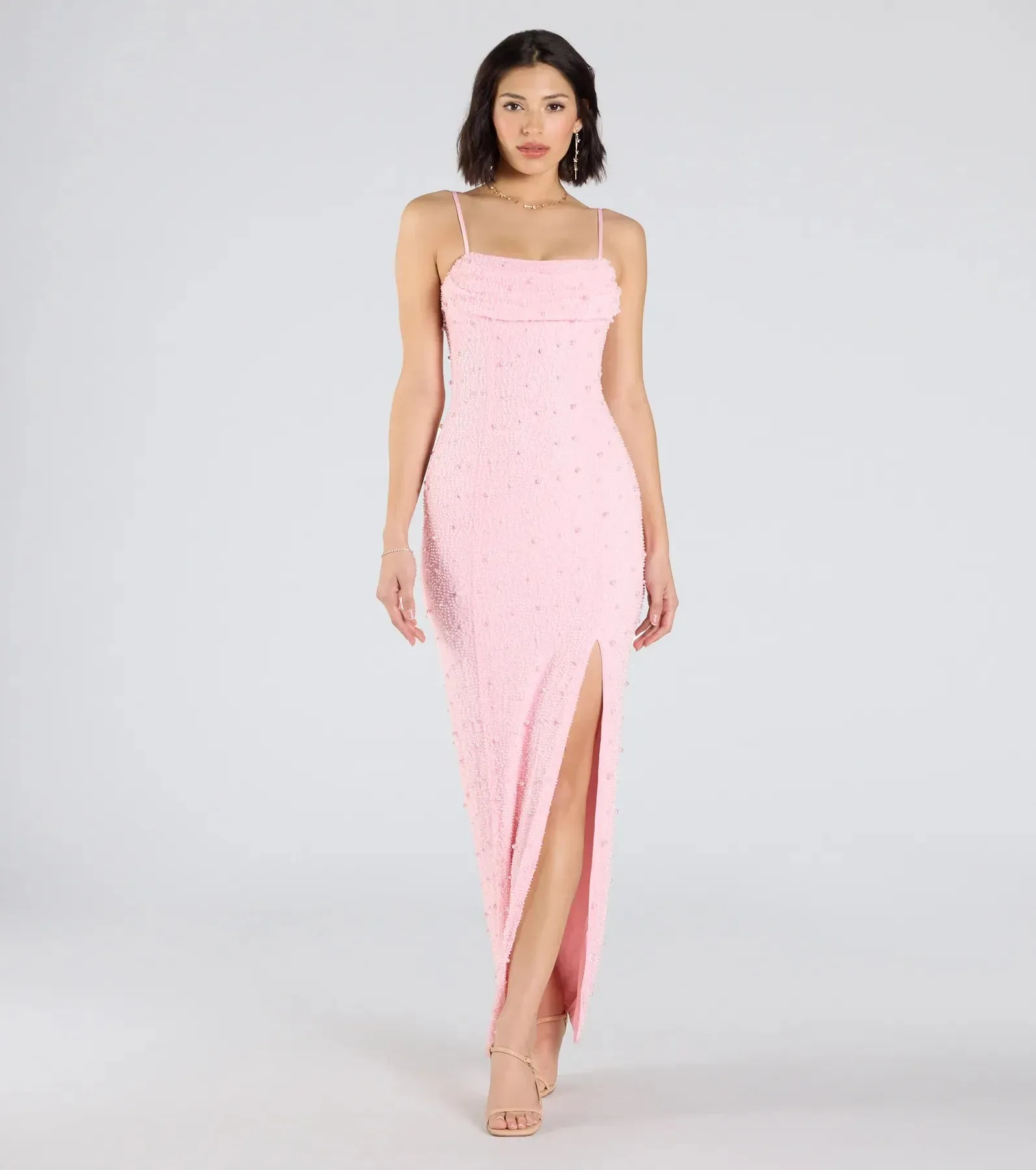 Klara Cowl Neck Faux Pearl Bead Slim Formal Dress
