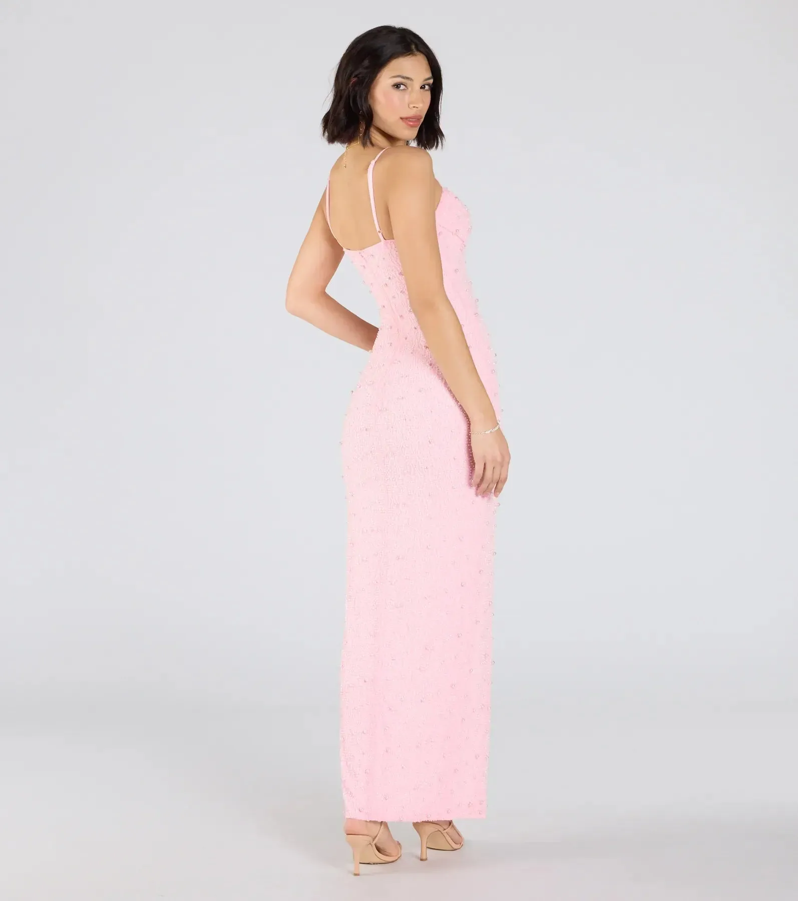 Klara Cowl Neck Faux Pearl Bead Slim Formal Dress
