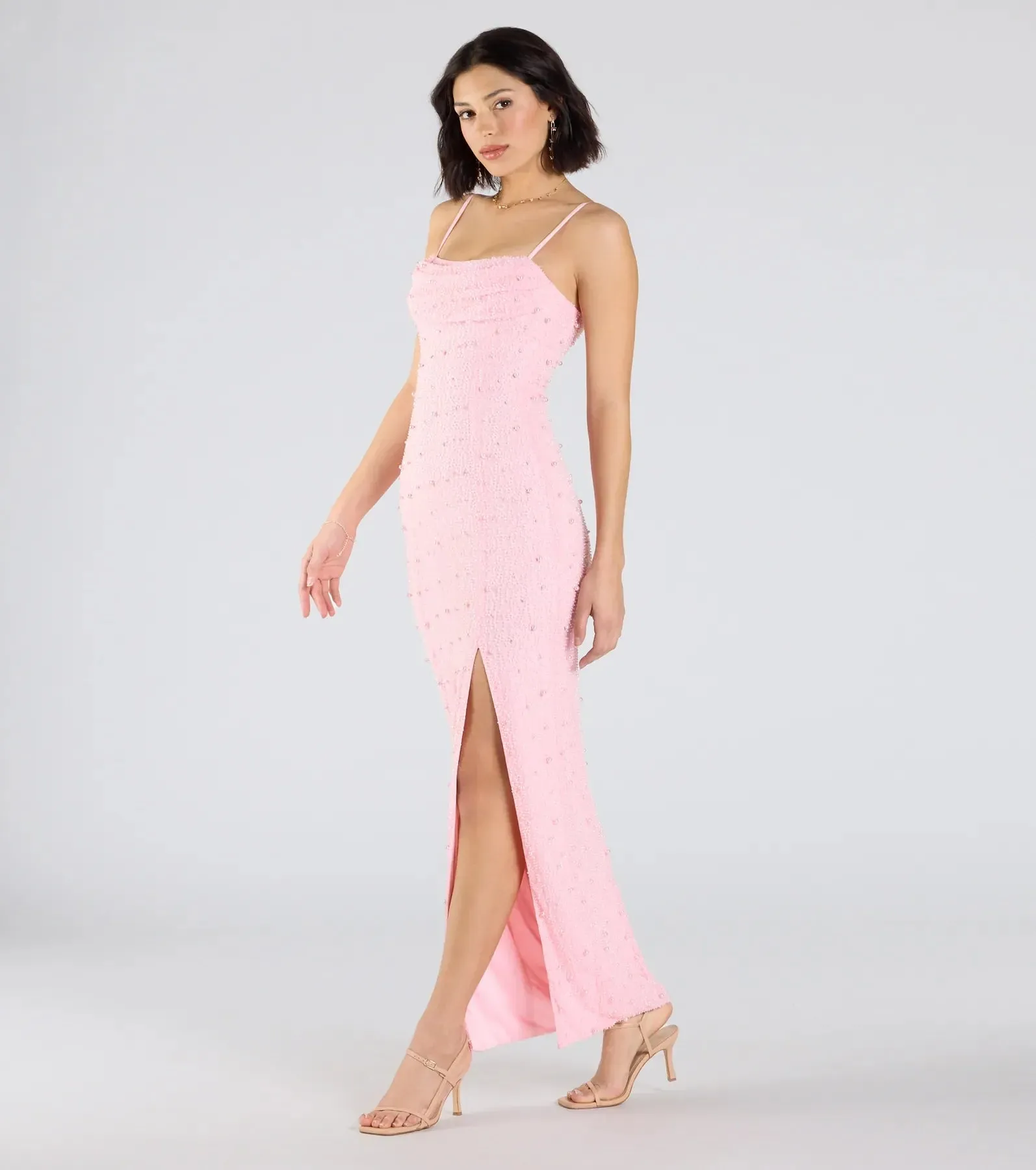 Klara Cowl Neck Faux Pearl Bead Slim Formal Dress