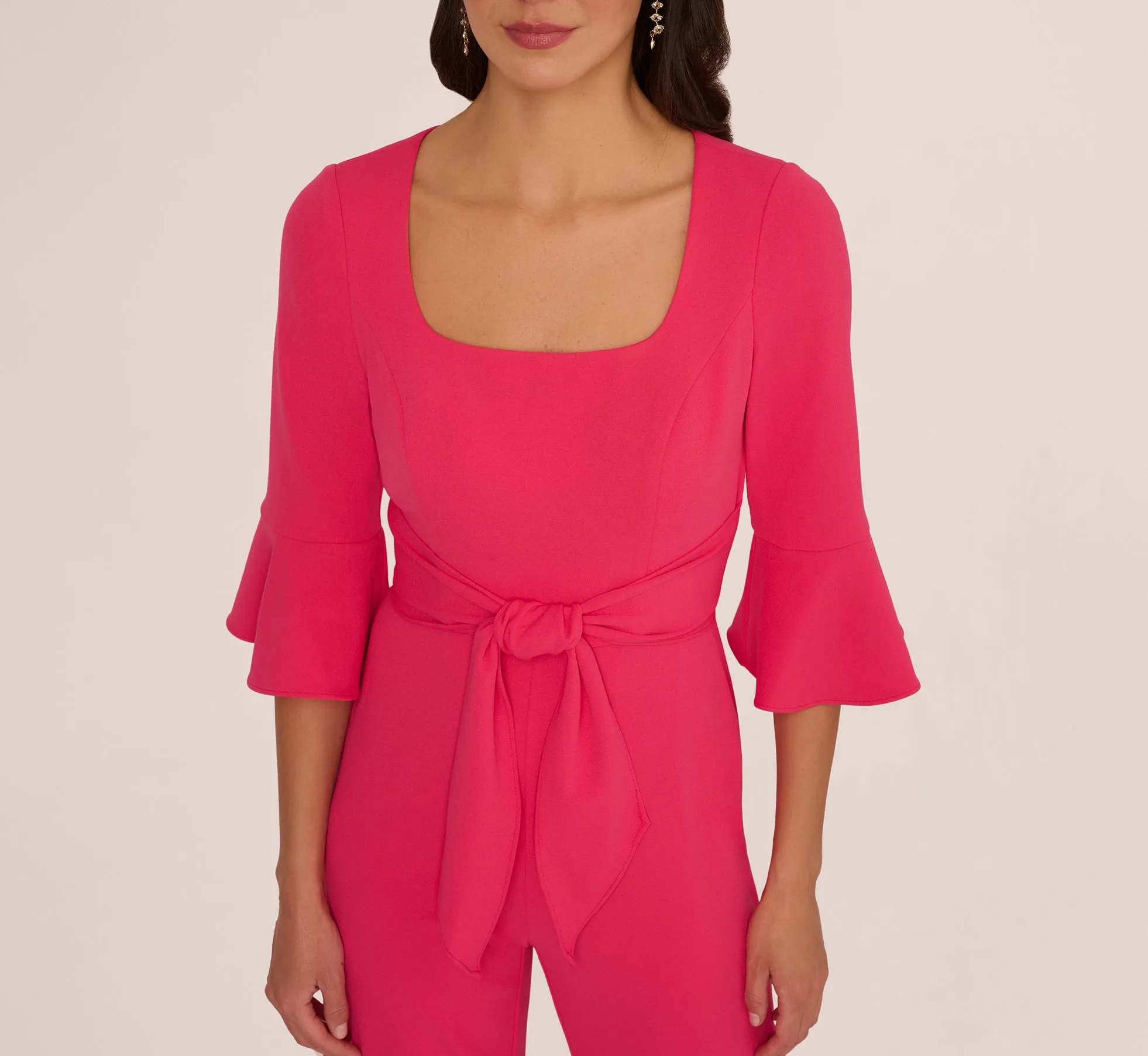 Knit Crepe Wide Leg Jumpsuit With Bell Sleeves In Camellia