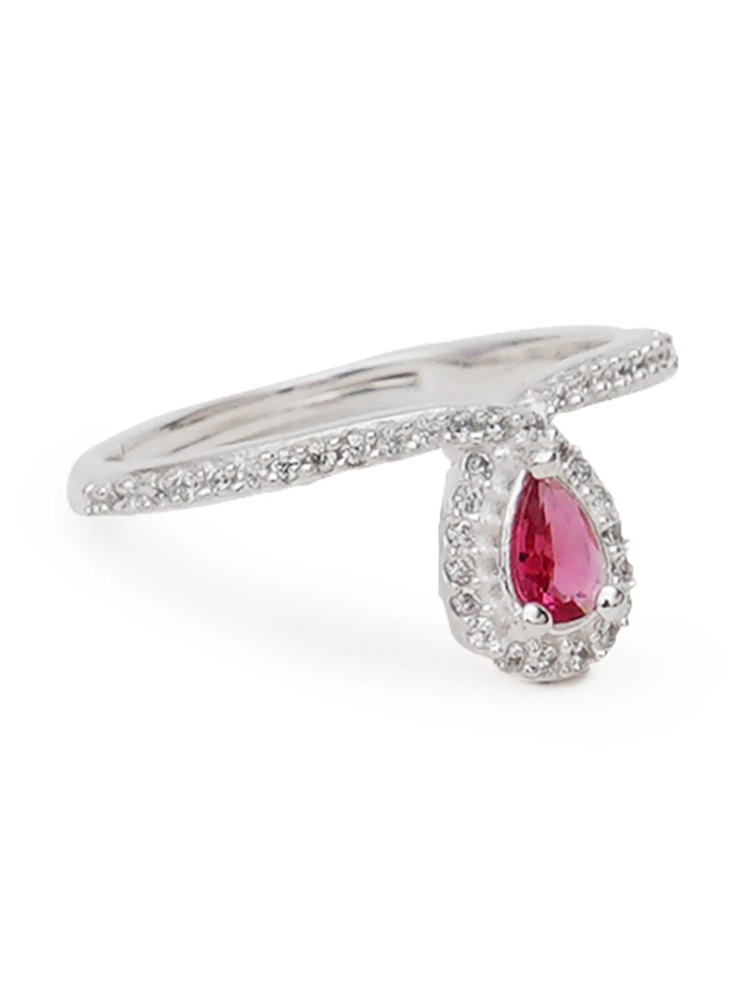 KUNUZ 925 Sterling Silver Red CZ Studded Adjustable Ring for Women