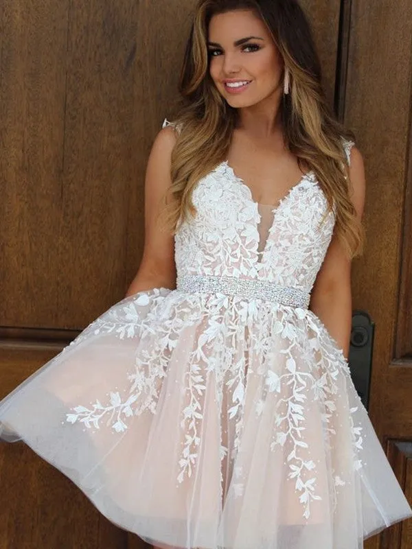 Lace Appliques  Beaded Homecoming Dresses Tulle Short Prom Party Gown DKL1120