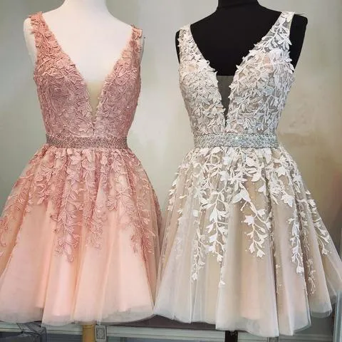 Lace Appliques  Beaded Homecoming Dresses Tulle Short Prom Party Gown DKL1120