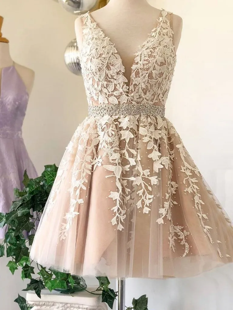 Lace Appliques  Beaded Homecoming Dresses Tulle Short Prom Party Gown DKL1120