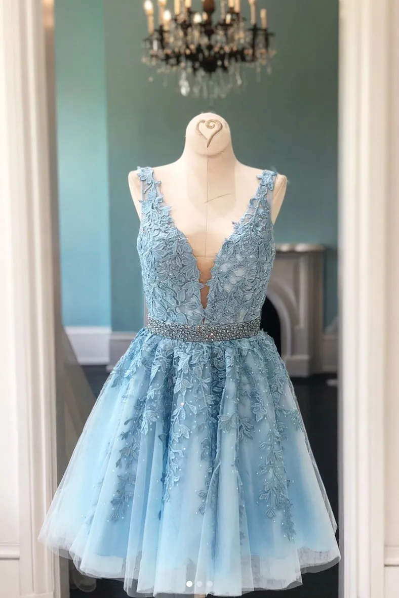 Lace Appliques  Beaded Homecoming Dresses Tulle Short Prom Party Gown DKL1120
