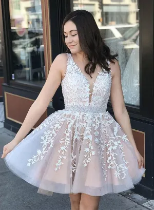 Lace Appliques  Beaded Homecoming Dresses Tulle Short Prom Party Gown DKL1120