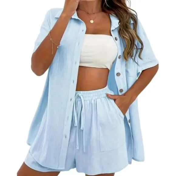 Ladies 2pc boho button down collar shirt and short set sz Large