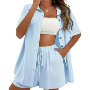 Ladies 2pc boho button down collar shirt and short set sz Large