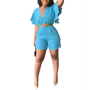Ladies Flutter Sleeve Crop Top &amp; High Waist Shorts Outfit sz X-large