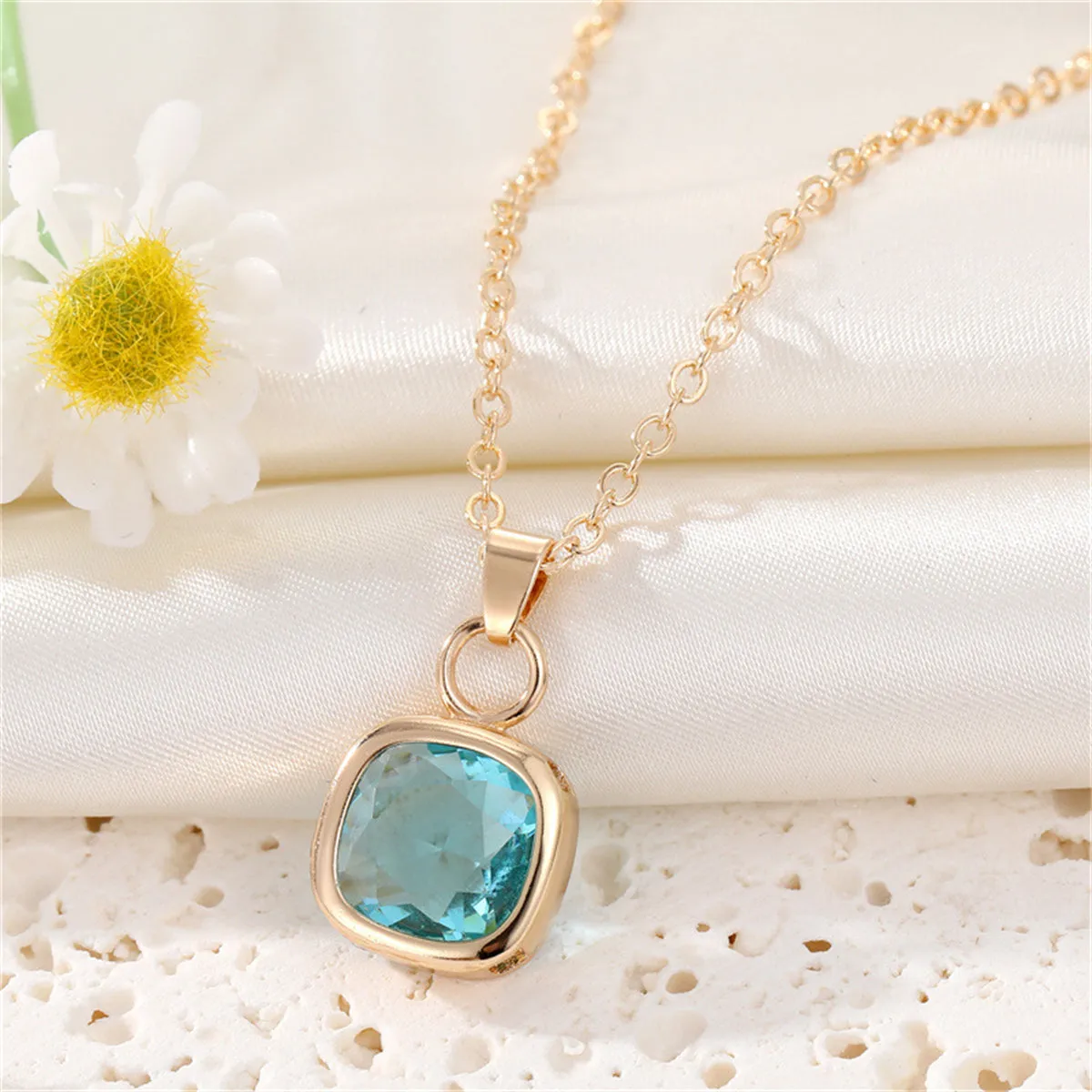 Lake Blue Crystal & 18K Gold-Plated Bezel Cushion-Cut Pendant Necklace