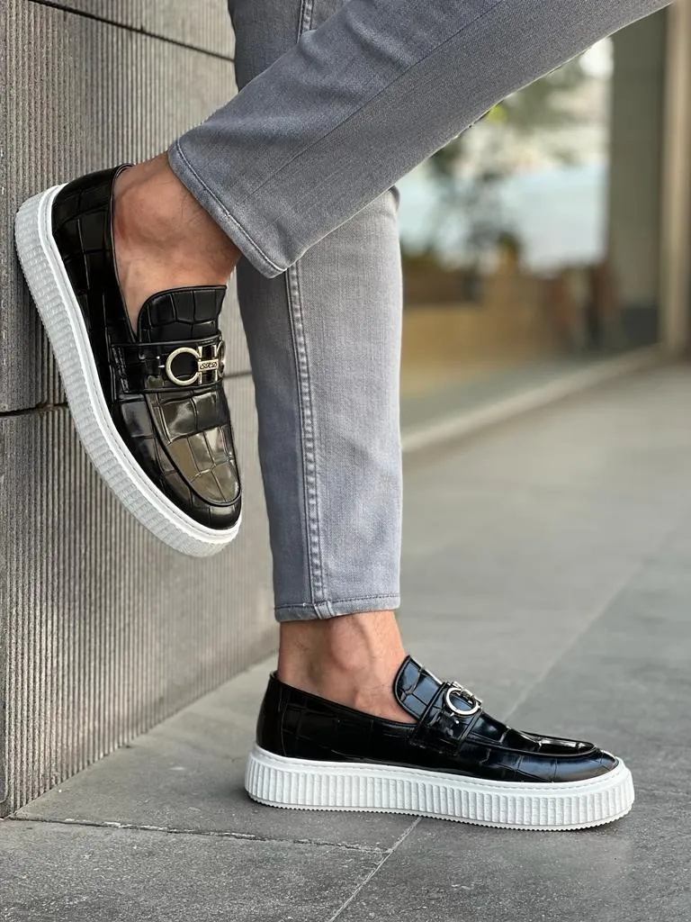 Lawson Black Crocodile Pattern Bit Loafers
