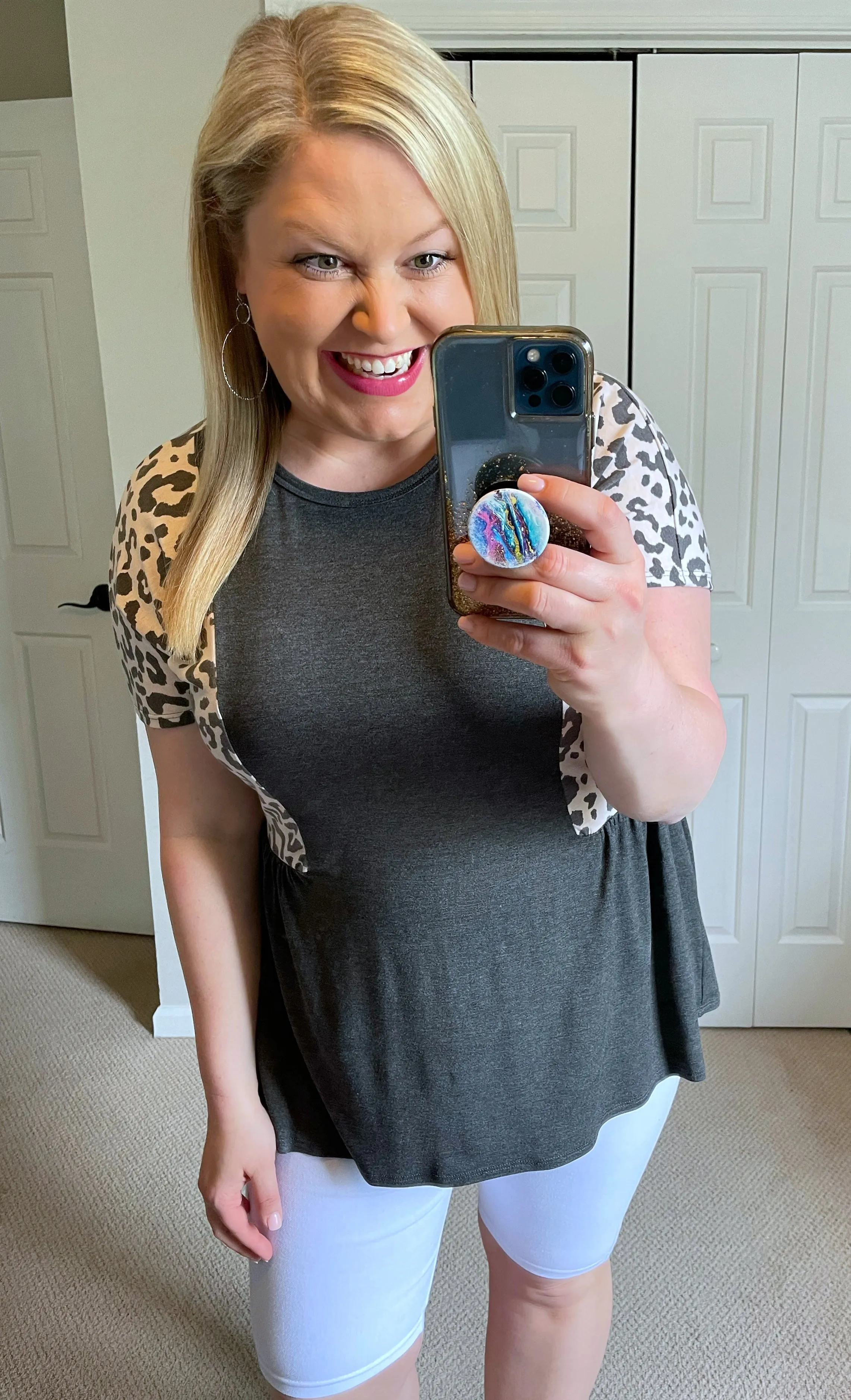 Leopard Accent Babydoll Top in Charcoal