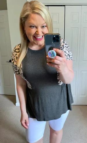 Leopard Accent Babydoll Top in Charcoal