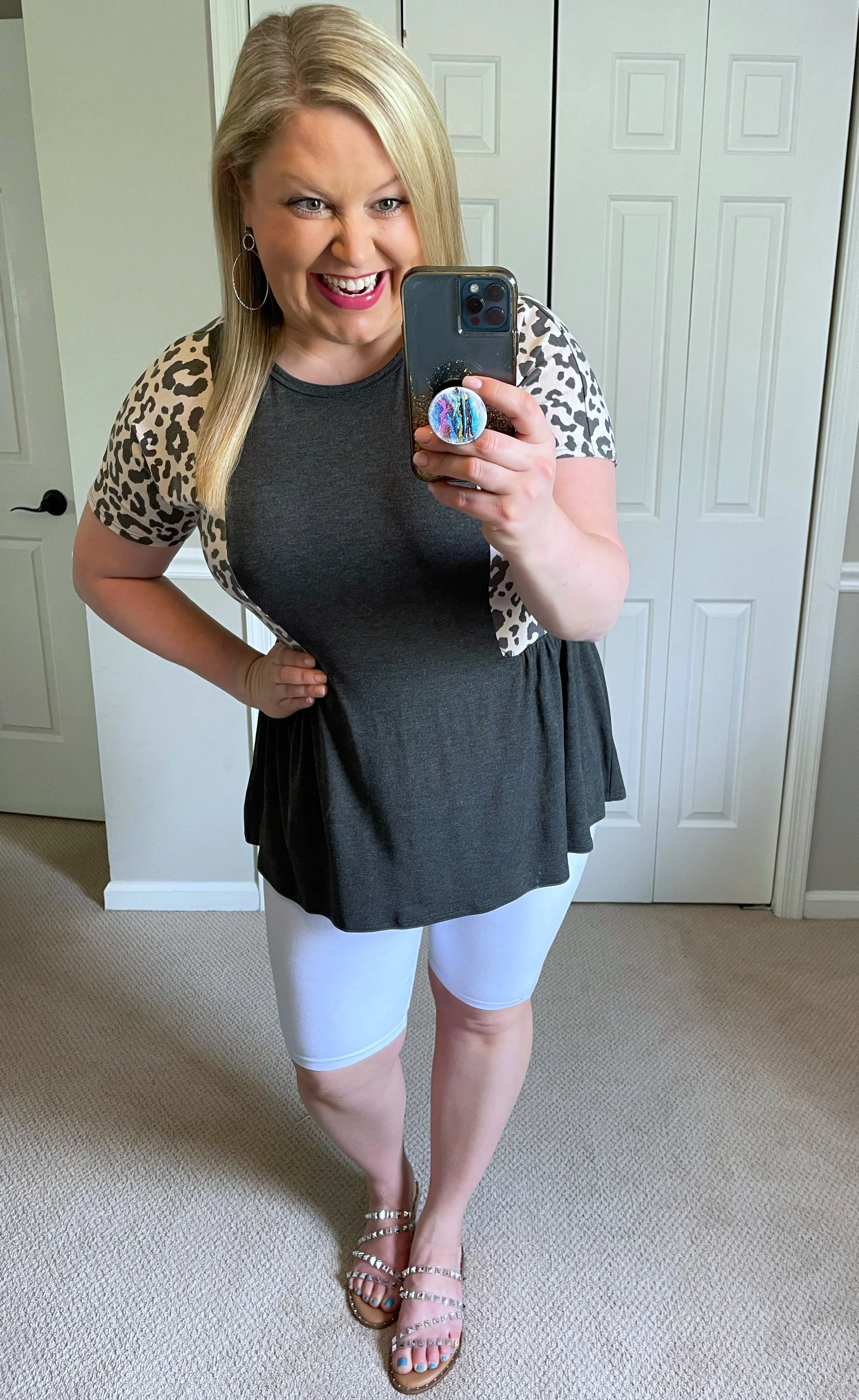Leopard Accent Babydoll Top in Charcoal