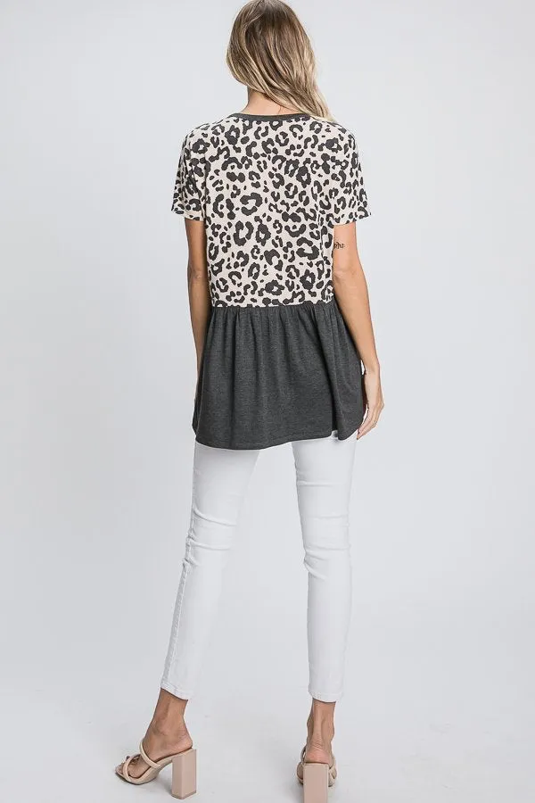 Leopard Accent Babydoll Top in Charcoal