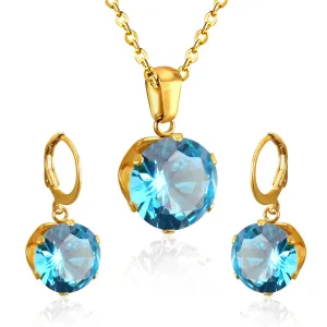Light Blue Cubic Zirconia & 18K Gold-Plated Huggie Earrings & Pendant Necklace
