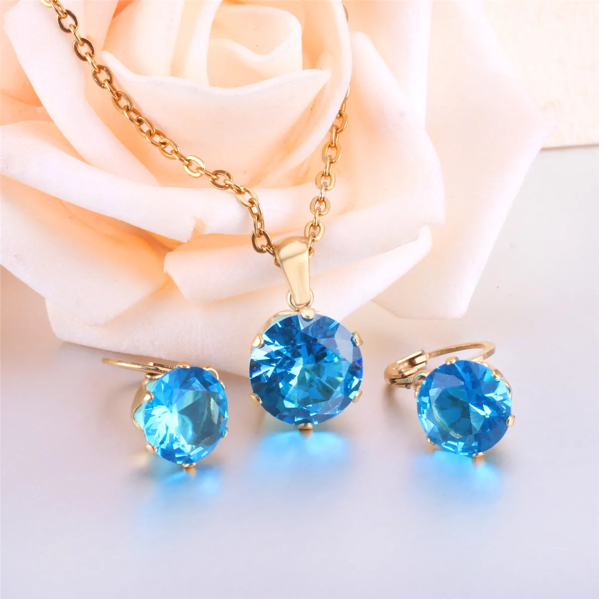 Light Blue Cubic Zirconia & 18K Gold-Plated Huggie Earrings & Pendant Necklace